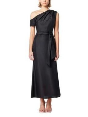 Elliatt Black One-Shoulder Satin Maxi Dress with Waist Tie